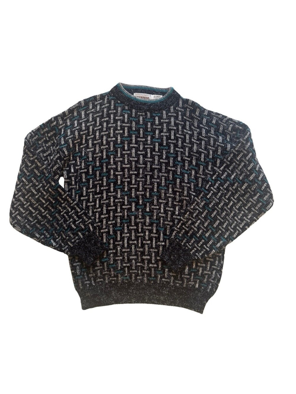 Vintage McGregor Geometric Knit Sweater XL Black Teal Gray 90s Crewneck Retro